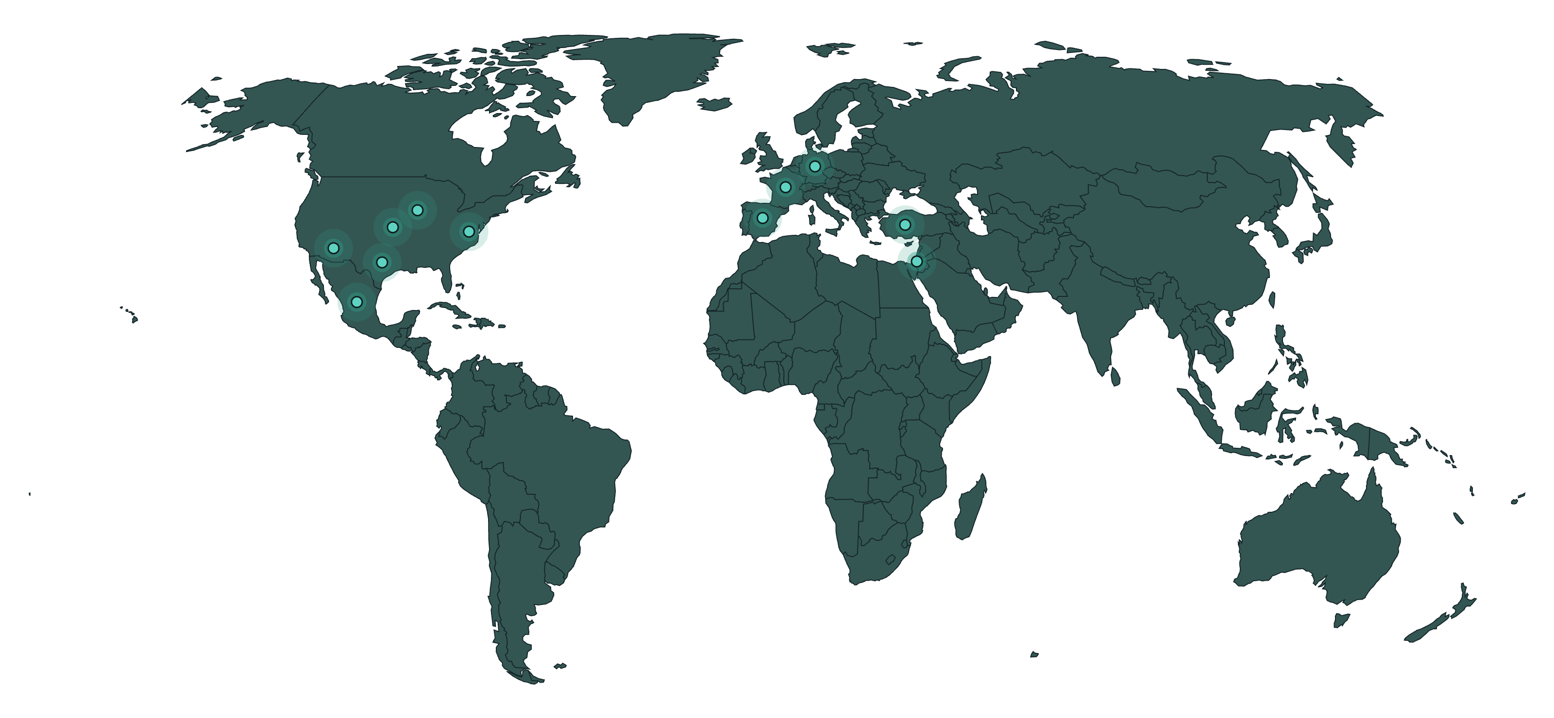 World map with markers on Quantiix customer locations in Israel, Türkiye, Germany, Spain, France, Virginia, Kansas, Iowa, Arizona, Texas, and Mexico